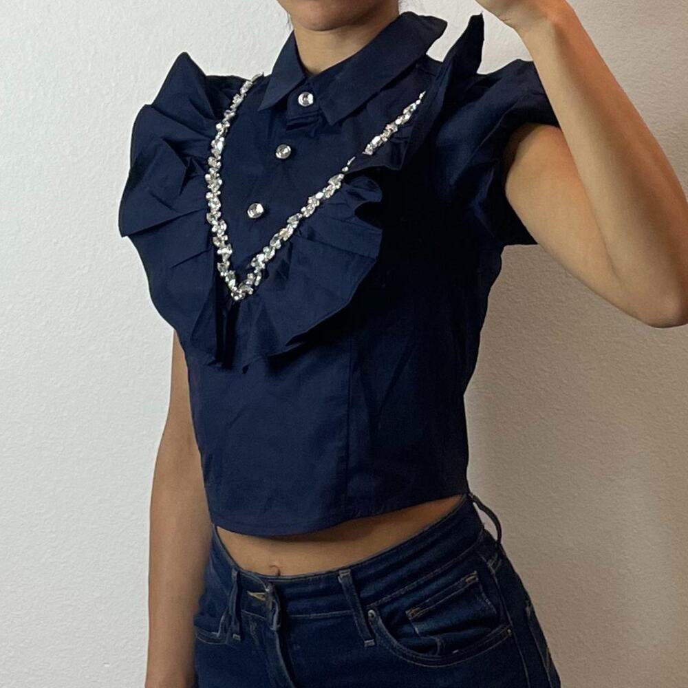 Navy Blue Ruffled Neck Shirt With Rhinestones - Picture 2 of 5